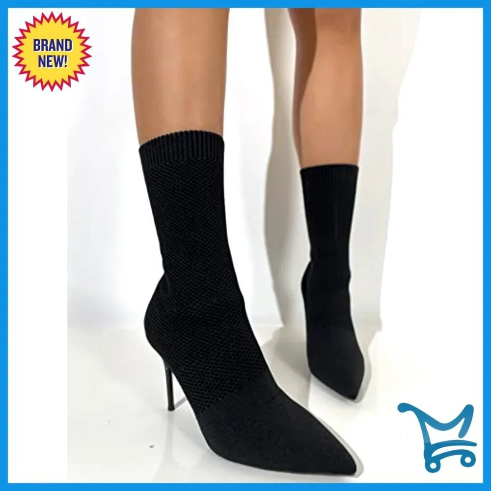 Pointed Toe Stiletto Ankle Booties Stretch Knit Pull-On Warm Fleece Lined